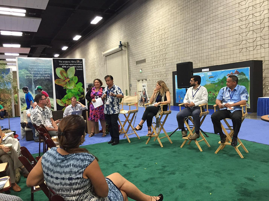 Delfin Ganapin presenting at the Island Commitments event in the Hawaii Pacific Pavilion