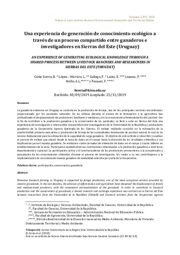 Una experiencia de generaci&oacute;n de conocimiento ecol&oacute;gico a trav&eacute;s de un proceso compartido entre ganaderos e investigadores en Sierras del Este (Uruguay)