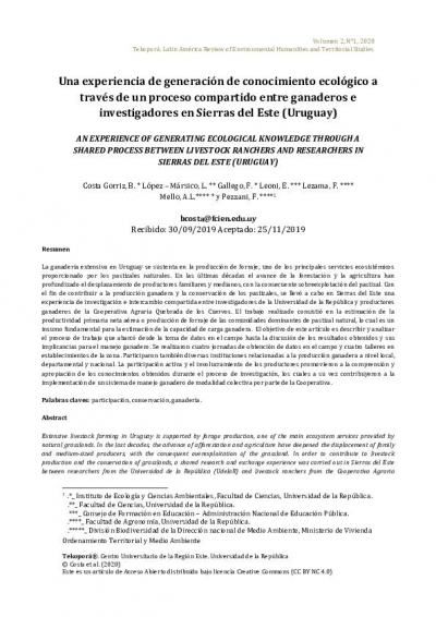 Una experiencia de generaci&oacute;n de conocimiento ecol&oacute;gico a trav&eacute;s de un proceso compartido entre ganaderos e investigadores en Sierras del Este (Uruguay)