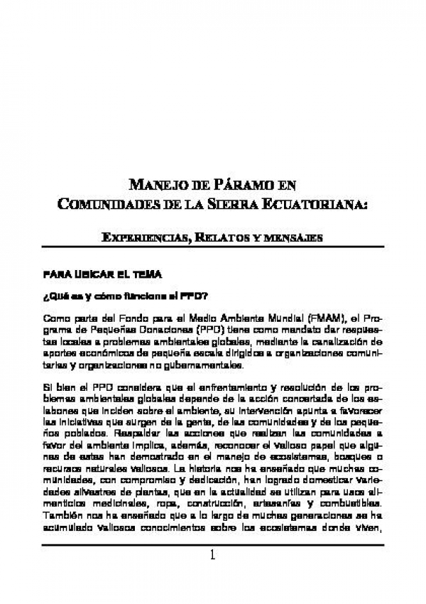 MANEJO DE P&Aacute;RAMO EN COMUNIDADES DE LA SIERRA ECUATORIANA, PPD Ecuador 2008