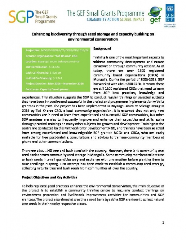Enhancing biodiversity through seed storage and capacity building on environmental conservation