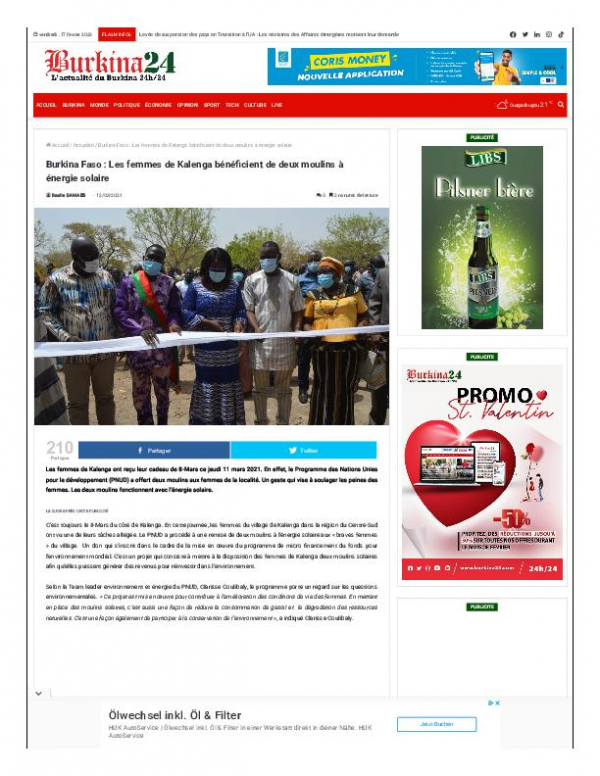 Burkina Faso : Les femmes de Kalenga b&eacute;n&eacute;ficient de deux moulins &agrave; &eacute;nergie solaire