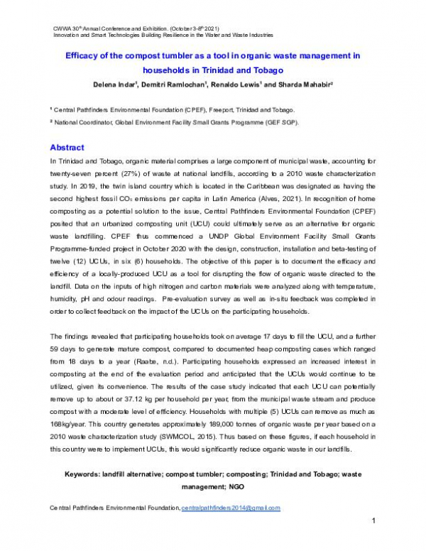 Efficacy of the compost tumbler as a tool in organic waste management in households in Trinidad and Tobago