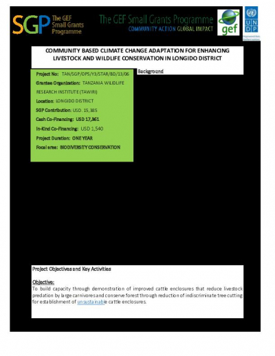 Adaptation to climate change through improvement of livestock management practices and managing human-wildlife conflict to reduce depredation in Longido District.