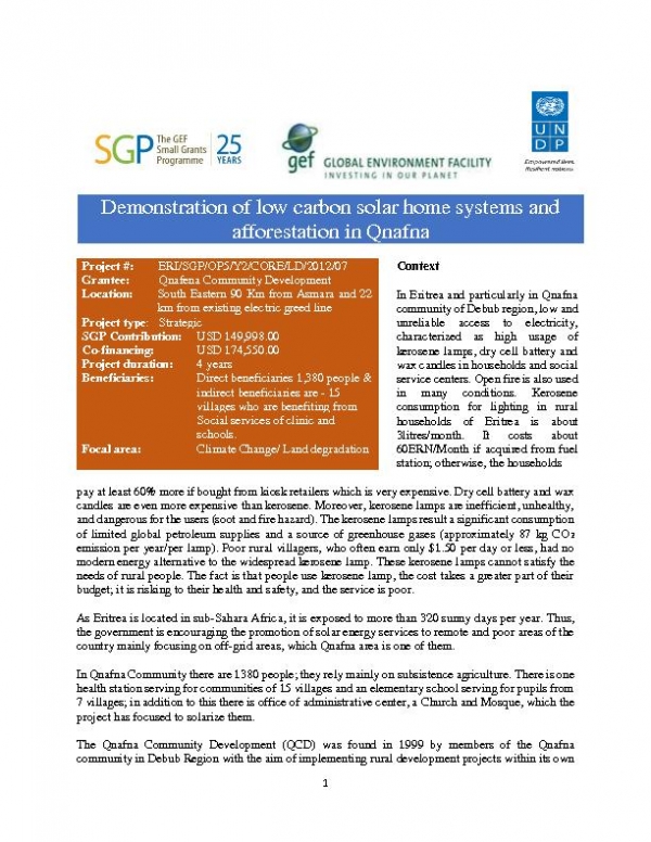 Eritrea- Demonstration of low carbon solar home systems and afforestation in Qnafna