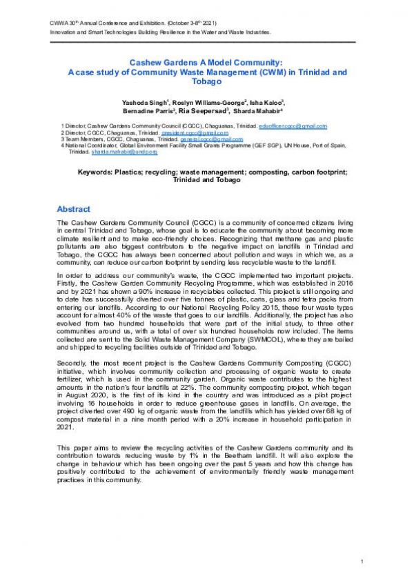 Cashew Gardens A Model Community: A case study of Community Waste Management (CWM) in Trinidad and Tobago