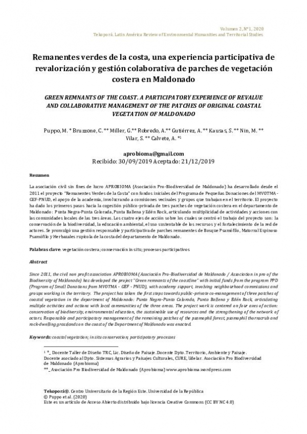 Remanentes Verdes de la Costa: revalorizaci&oacute;n y gesti&oacute;n colaborativa de parches de vegetaci&oacute;n costera en Maldonado.