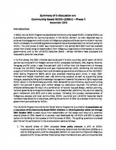 Summary of E-discussion on: Community Based REDD+ (CBR+) &ndash; Phase II